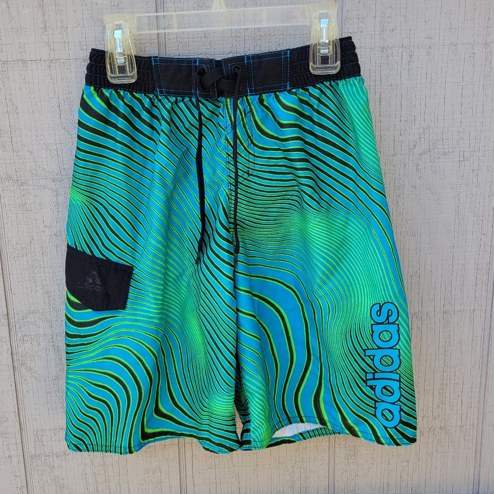 Boy's Adidas Green & Blue Striped Mesh Lined Logo Swim Trunk Board Shorts Medium